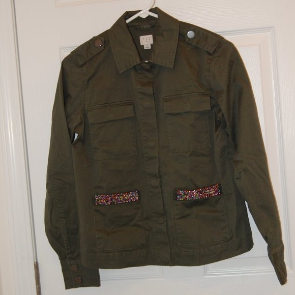 A New Day Women's Army Green Jacket W/ Decorative Beaded Pockets Size Small - Picture 2 of 15